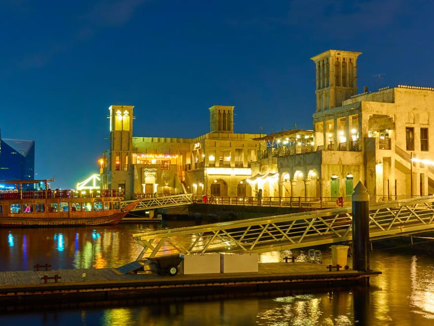 Heritage-style buildings along the Al Seef waterfront on Dubai Creek