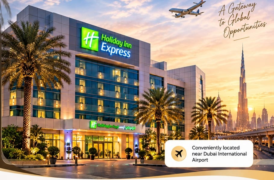 The Holiday Inn Express Dubai Airport by IHG at dusk, palm trees in the foreground and the Dubai skyline behind, captioned "A Gateway to Global Opportunities" and "Conveniently located near Dubai International Airport"